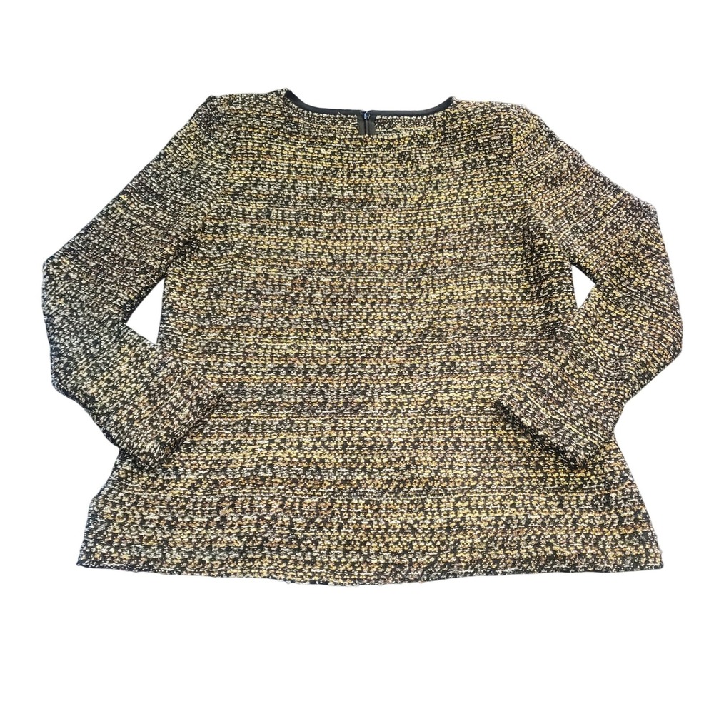 St. John Metallic Tweed Knit Top Black‎ Gold Wool Blend Long Sleeve Sz Medium